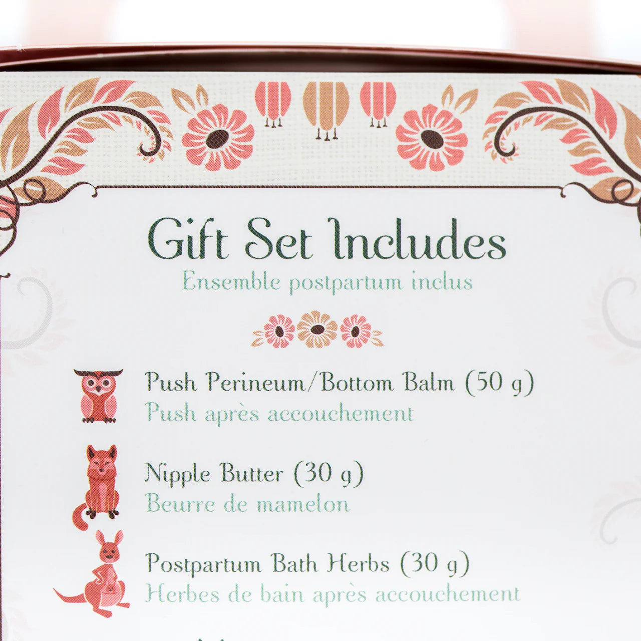 Postpartum recovery kit insert showing what is included in the gift set, designed for supportive postpartum care