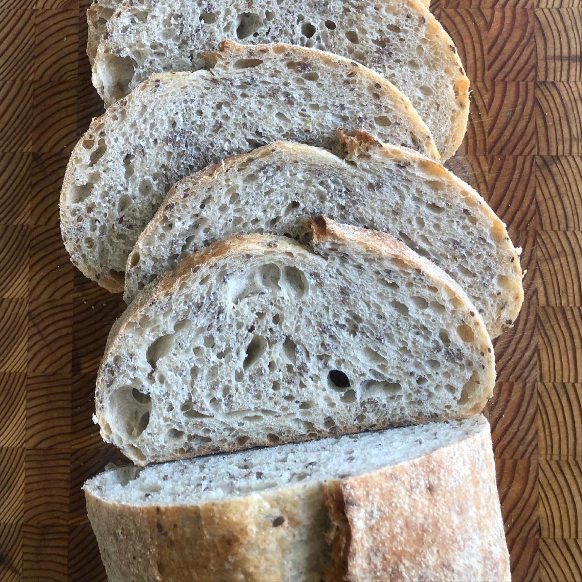 Light rye and flaxseed sourdough from Homestead Bread in Calgary, ready for Friday pickup at Greenbriar Market