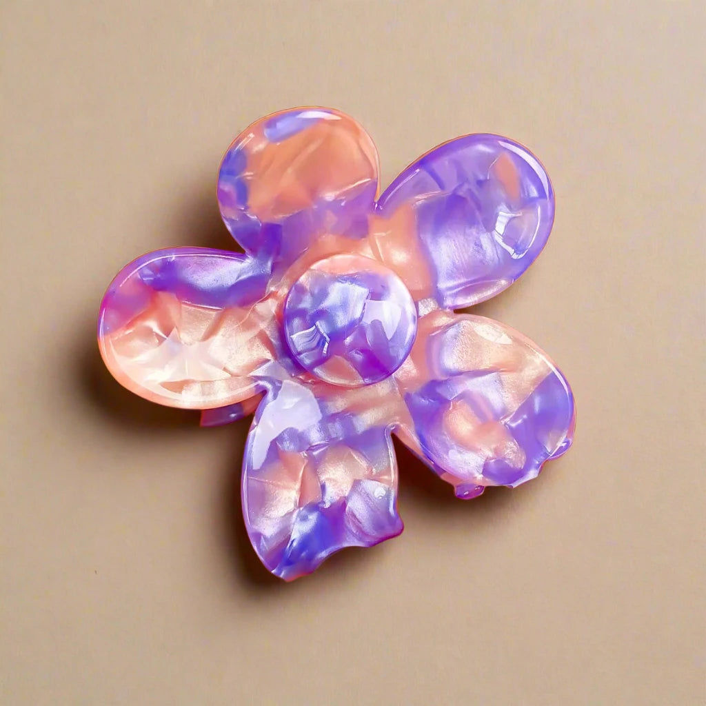 Peach and purple daisy hair clip made from cellulose acetate – Calgary sustainable accessories by Sebeana
