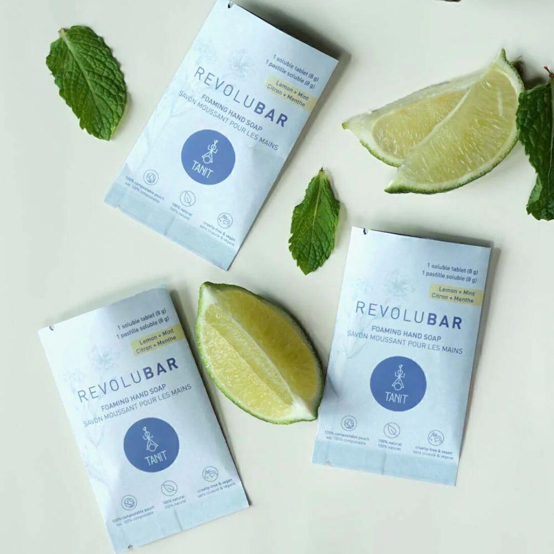 Tanit lemon mint foaming hand soap tablets with fresh lime and mint leaves – Calgary zero waste hand soap refills