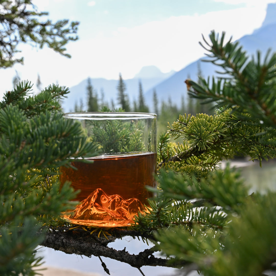 Three Sisters tumbler glass by MTNPK with 3D mountain design, nestled in alpine trees near Calgary