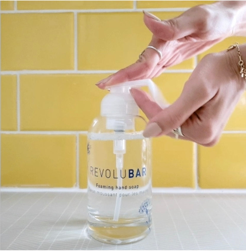 Using Tanit foaming hand soap from a Revolubar glass dispenser, Greenbriar Market Calgary